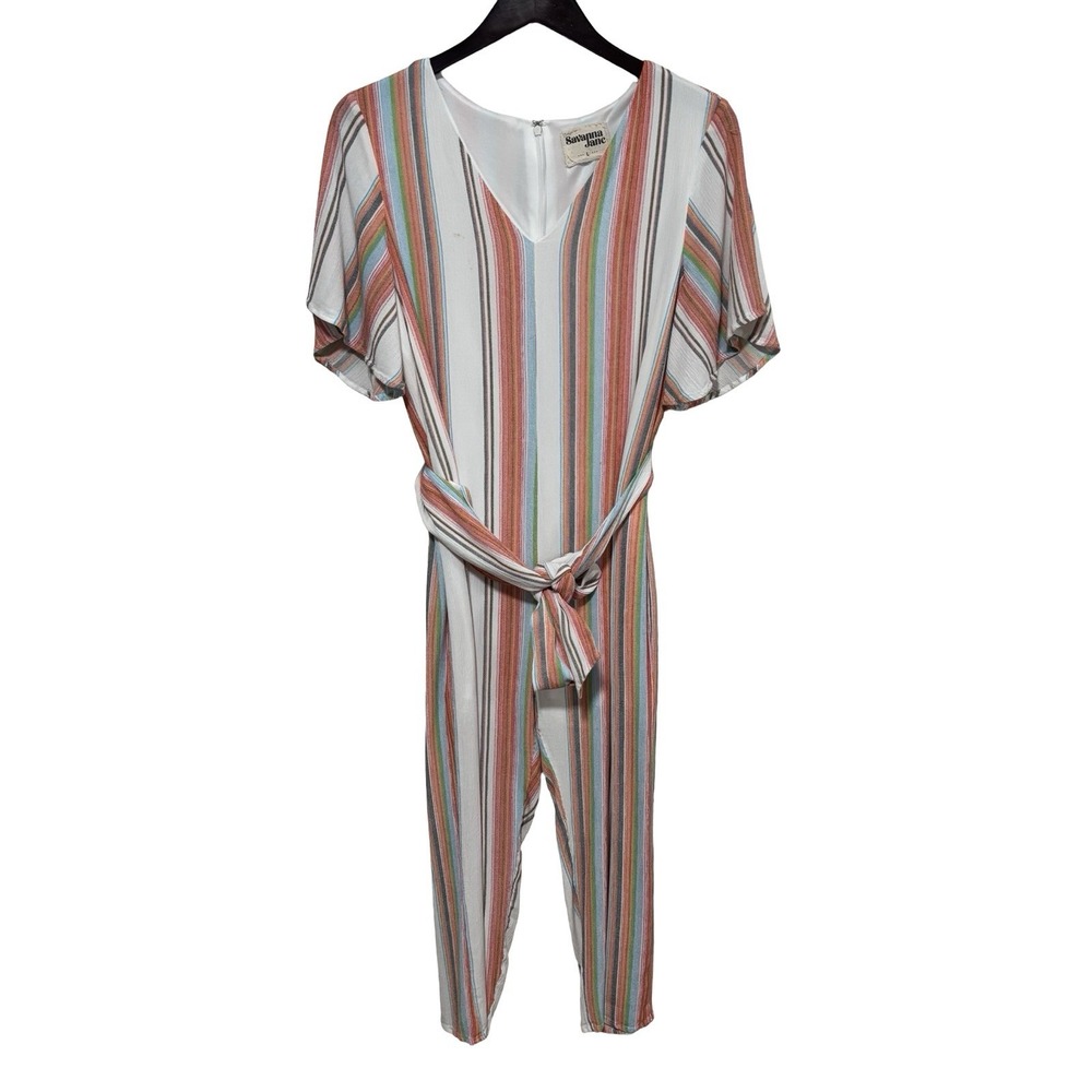 Savanna Jane Women's Striped Relaxed Long Jumpsuit Playsuit Belted Top Lined LG
